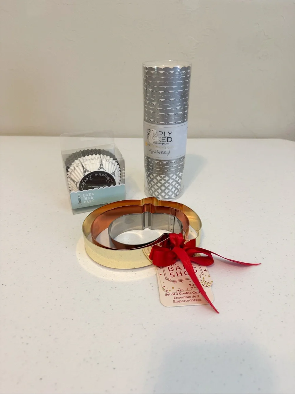 NWT Baking Set- Paris Cupcake Liners, Silver Baking Cups, 3-Pk Cookie Cutters
